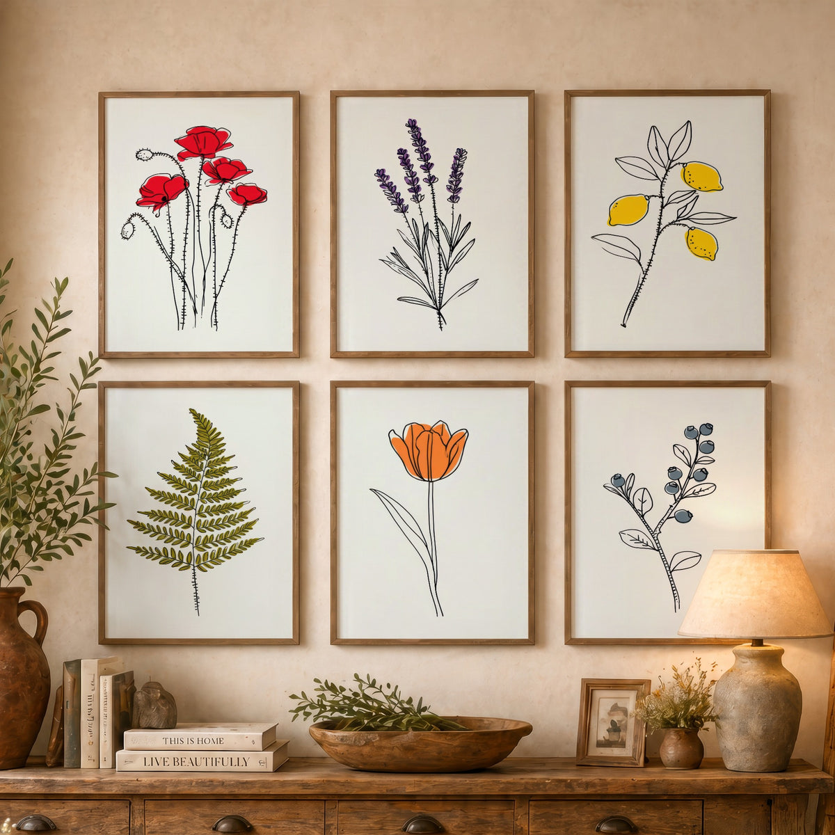 Set of Six Minimalist Line Botanical Art Prints - 6 Pop of Colour Flower Posters - Poppy, Lavender, Lemon, Fern, Tulip, Blueberry Drawing V1