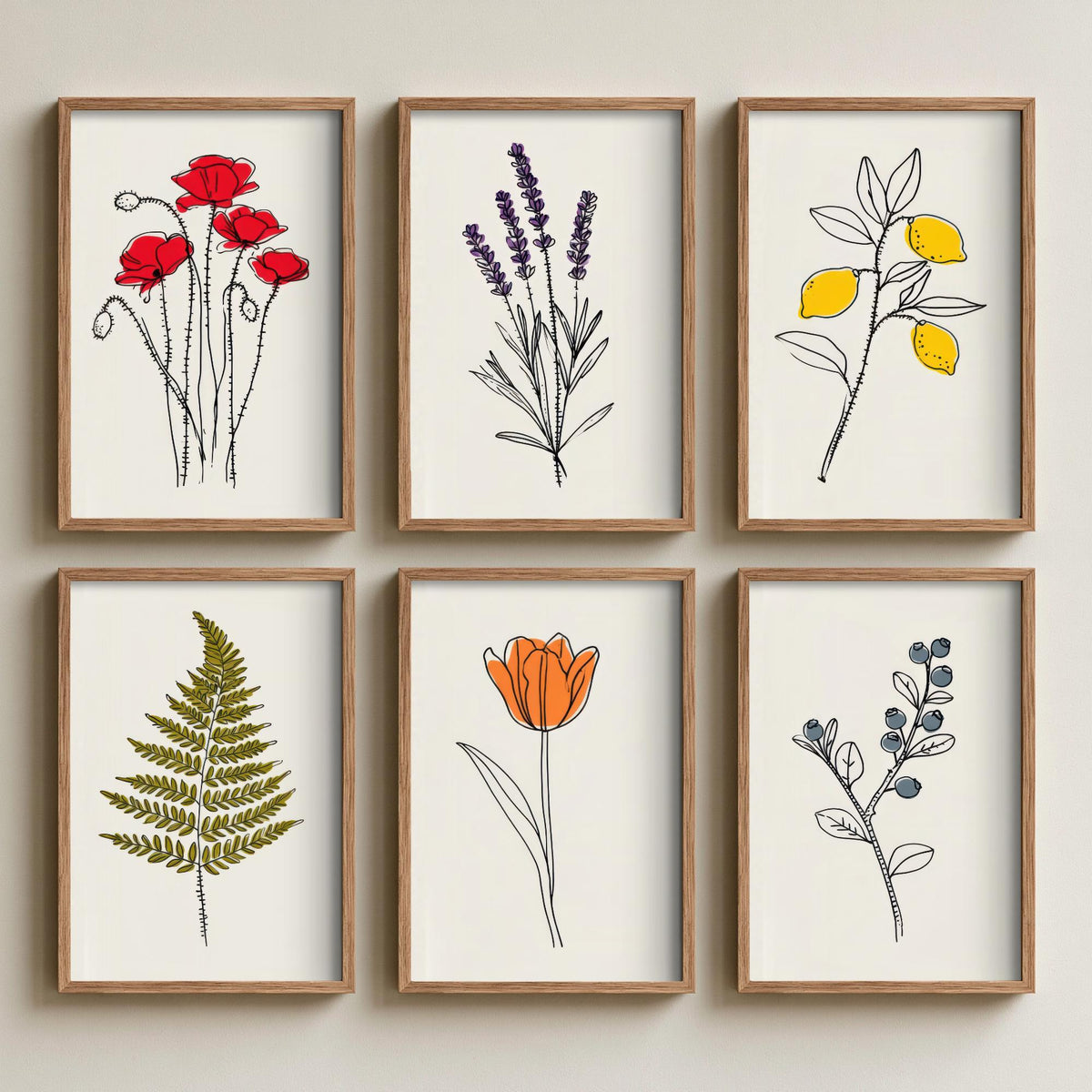 Set of Six Minimalist Line Botanical Art Prints - 6 Pop of Colour Flower Posters - Poppy, Lavender, Lemon, Fern, Tulip, Blueberry Drawing V1