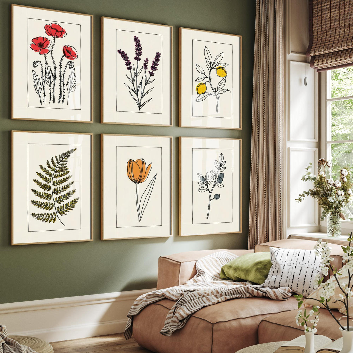 Set of Six Line Drawing Botanical Art Prints - 6 Bordered Plant Posters - Red Poppy, Lavender, Lemon Tree, Fern, Tulip, Blueberry Art V2