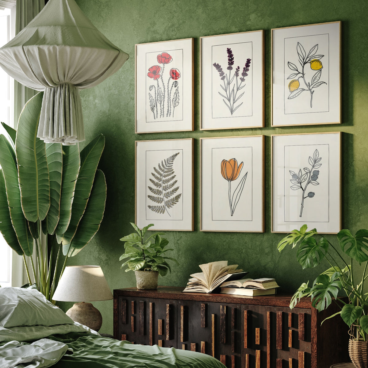 Set of Six Line Drawing Botanical Art Prints - 6 Bordered Plant Posters - Red Poppy, Lavender, Lemon Tree, Fern, Tulip, Blueberry Art V2