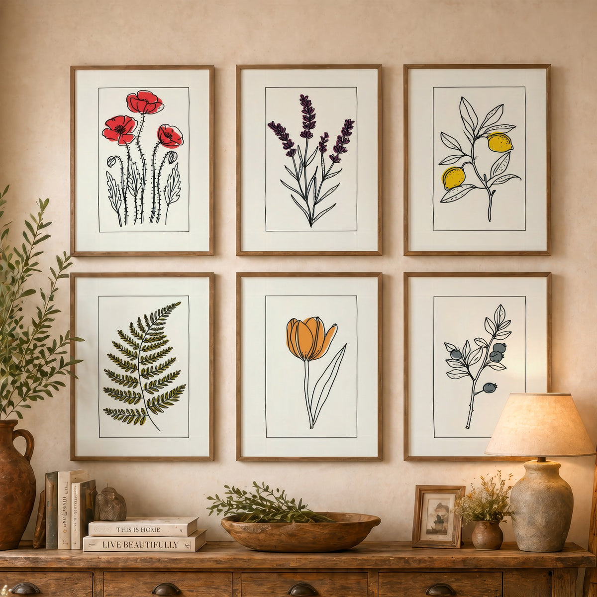 Set of Six Line Drawing Botanical Art Prints - 6 Bordered Plant Posters - Red Poppy, Lavender, Lemon Tree, Fern, Tulip, Blueberry Art V2