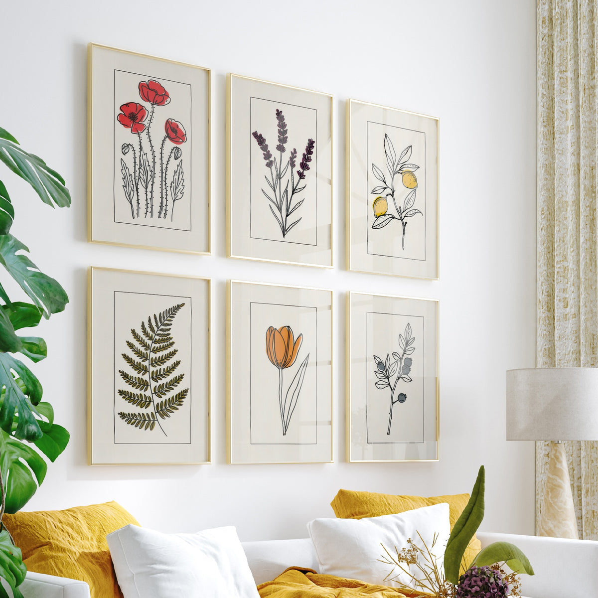 Set of Six Line Drawing Botanical Art Prints - 6 Bordered Plant Posters - Red Poppy, Lavender, Lemon Tree, Fern, Tulip, Blueberry Art V2