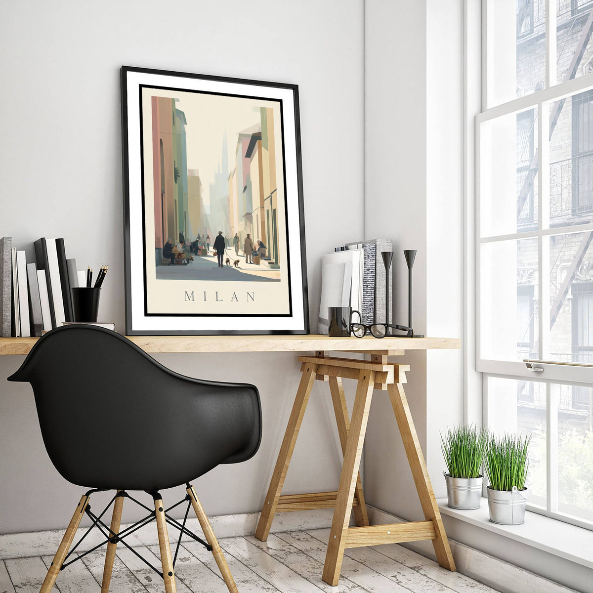 Milan Italy Travel Poster - Minimalist Street Art Print - Market Scene Illustration - Sunlit City 1/3