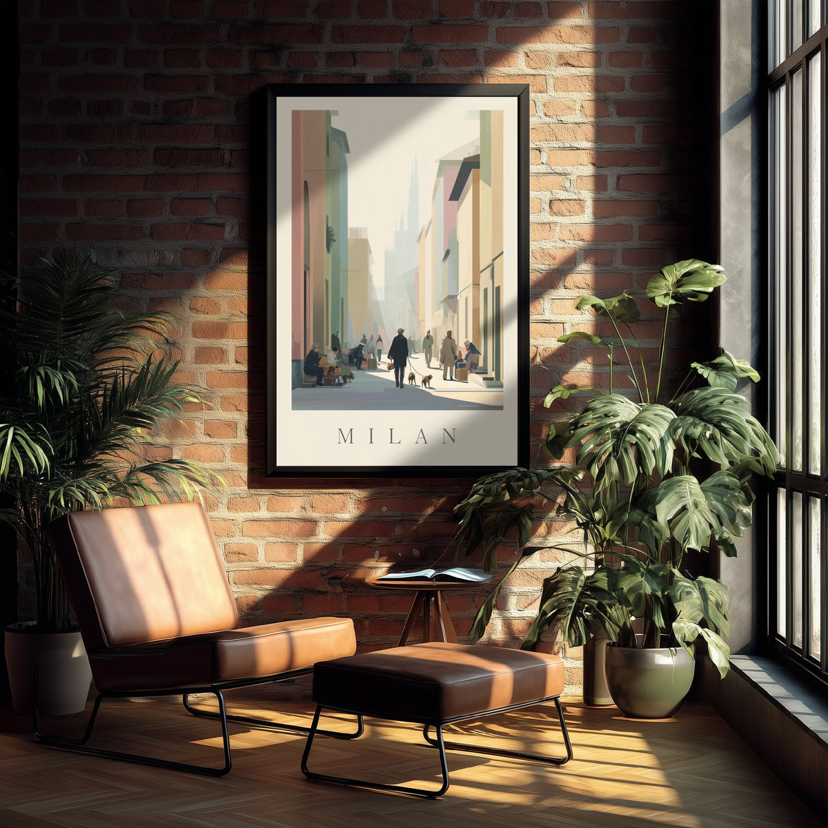 Milan Italy Travel Poster - Minimalist Street Art Print - Market Scene Illustration - Sunlit City 1/3