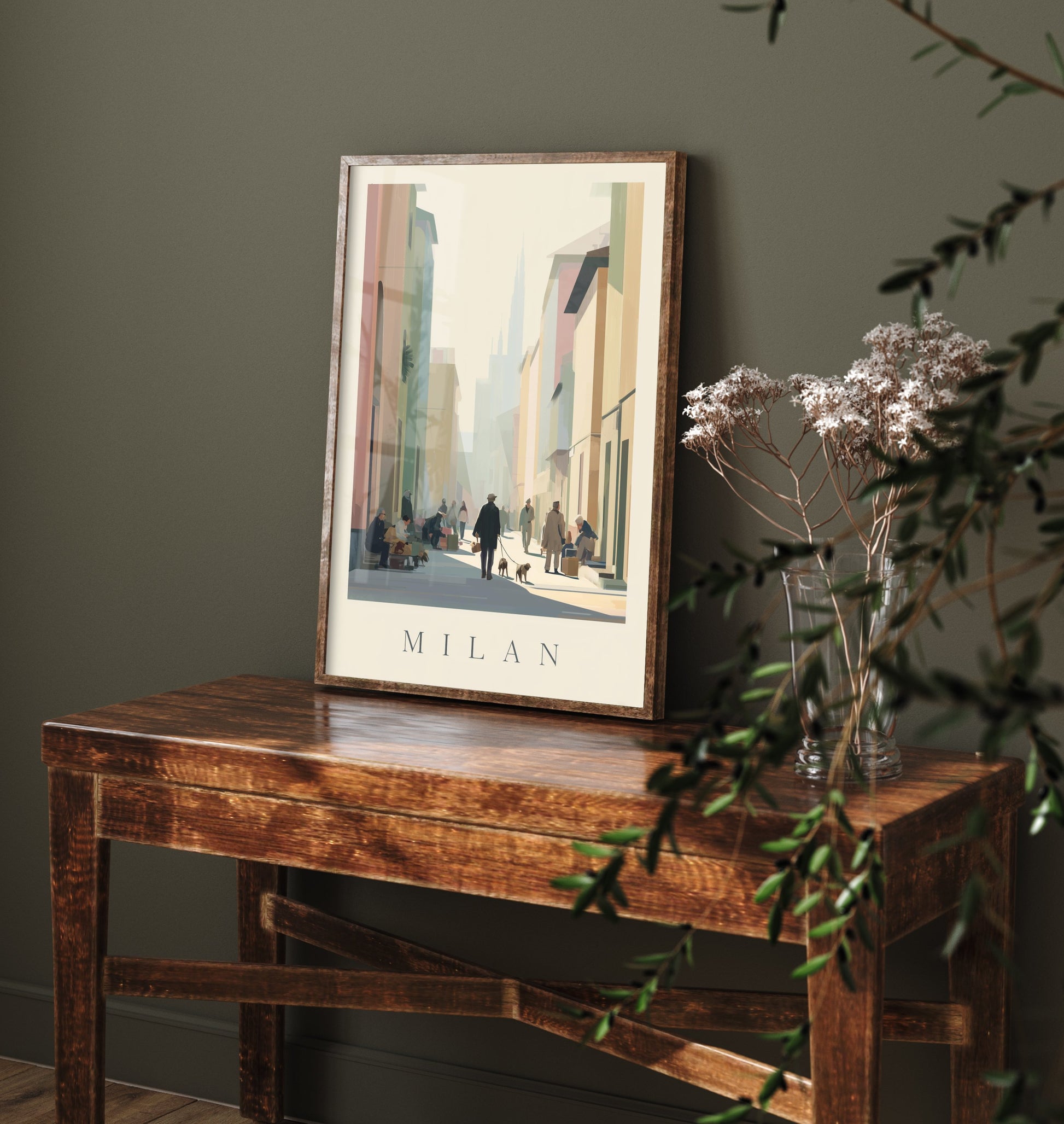 Milan Italy Travel Poster - Minimalist Street Art Print - Market Scene Illustration - Sunlit City 1/3