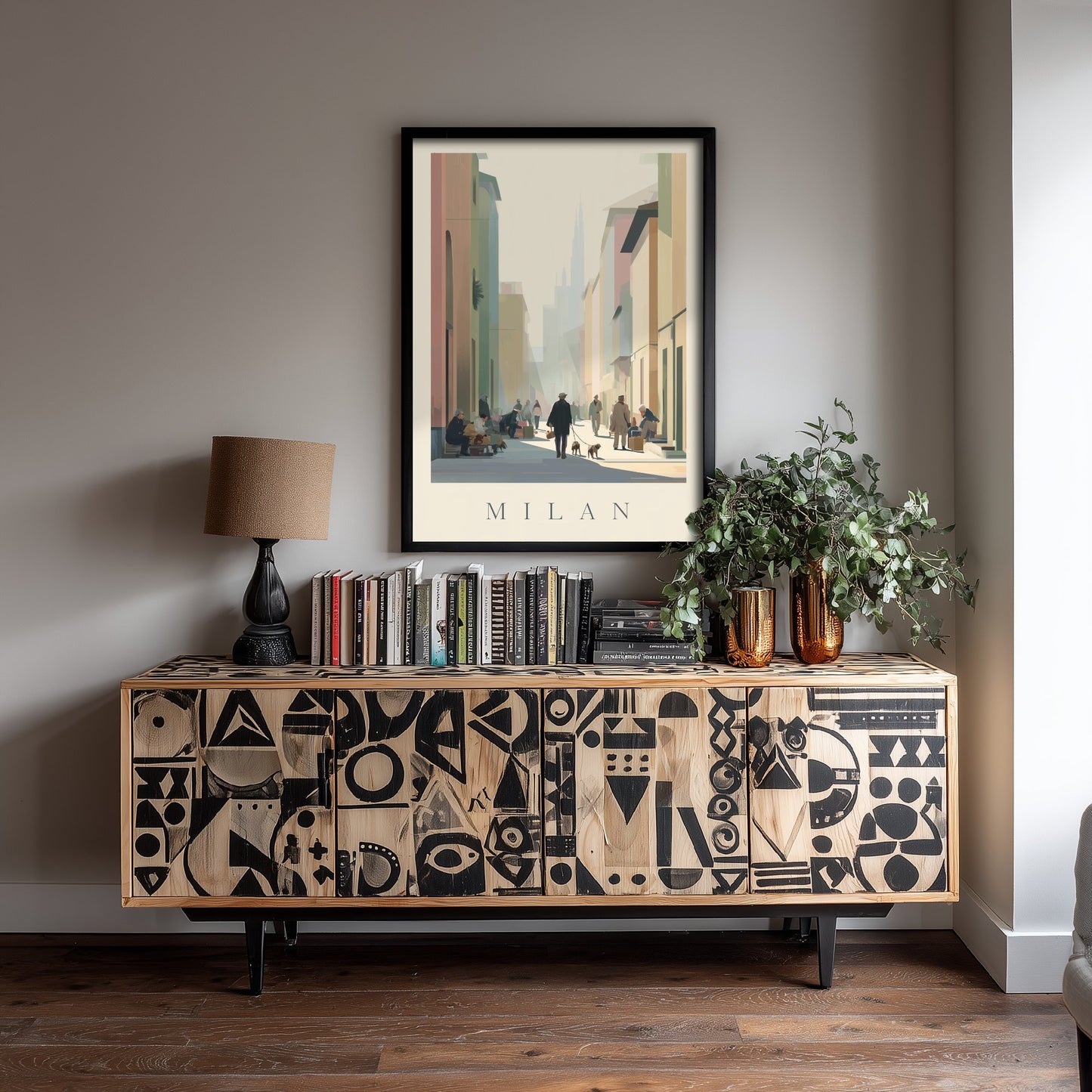 Milan Italy Travel Poster - Minimalist Street Art Print - Market Scene Illustration - Sunlit City 1/3