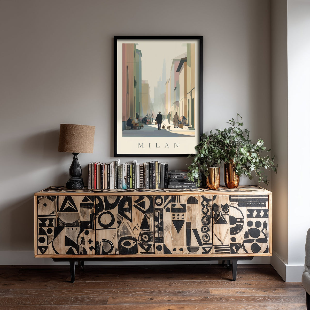 Milan Italy Travel Poster - Minimalist Street Art Print - Market Scene Illustration - Sunlit City 1/3