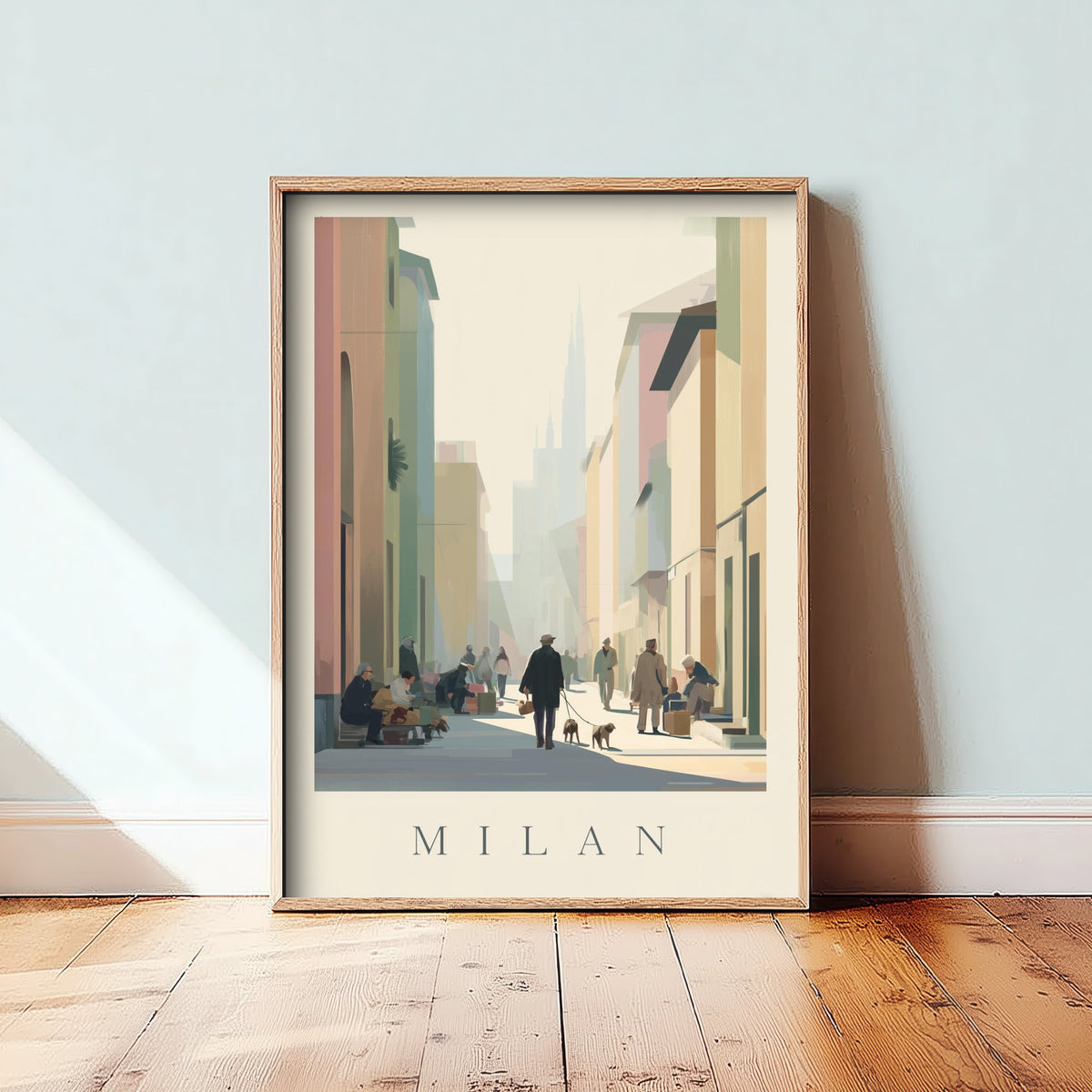 Milan Italy Travel Poster - Minimalist Street Art Print - Market Scene Illustration - Sunlit City 1/3