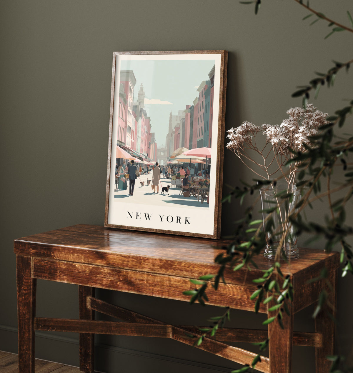 New York Travel Poster - Minimalist Street Market Art Print - City Scene Illustration - Umbrella Market 2/3