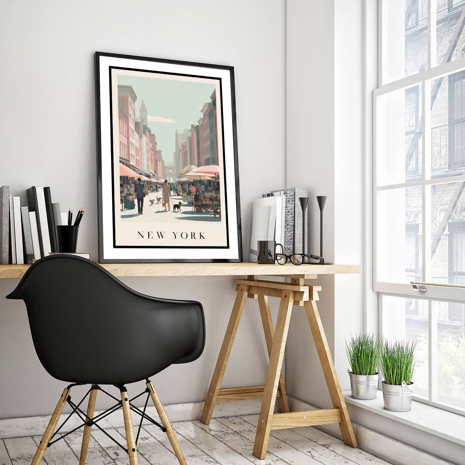 New York Travel Poster - Minimalist Street Market Art Print - City Scene Illustration - Umbrella Market 2/3