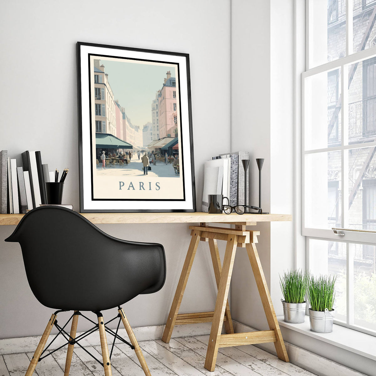 Paris France Travel Poster - Minimalist Street Art Print - Cafe Scene Illustration - Boulevard Market 3/3