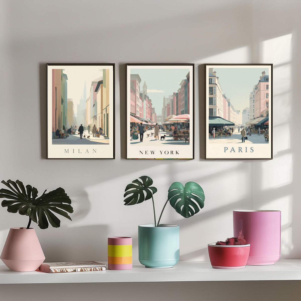 Milan New York Paris Set of Three Prints | Minimalist Market Street Scenes | Travel City Wall Art Print Poster Illustration