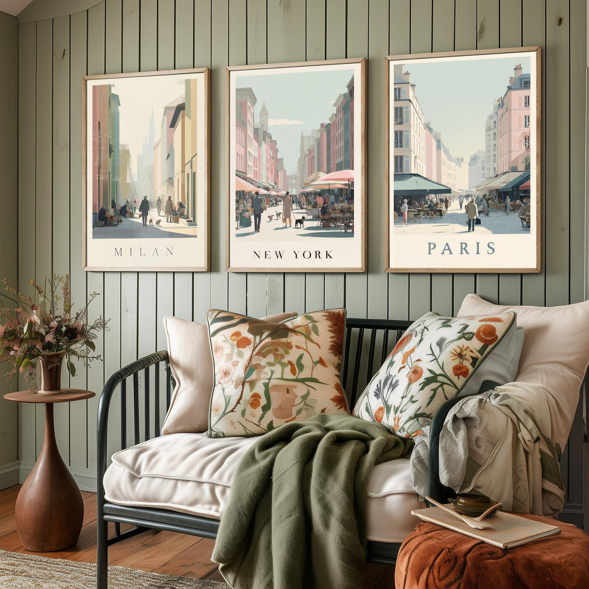 Milan New York Paris Set of Three Prints | Minimalist Market Street Scenes | Travel City Wall Art Print Poster Illustration