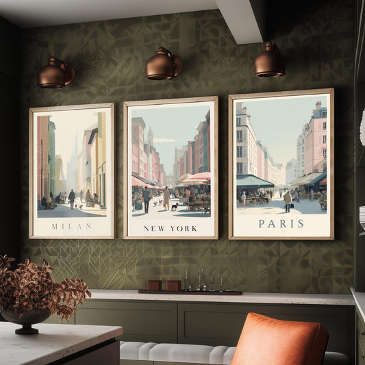Milan New York Paris Set of Three Prints | Minimalist Market Street Scenes | Travel City Wall Art Print Poster Illustration