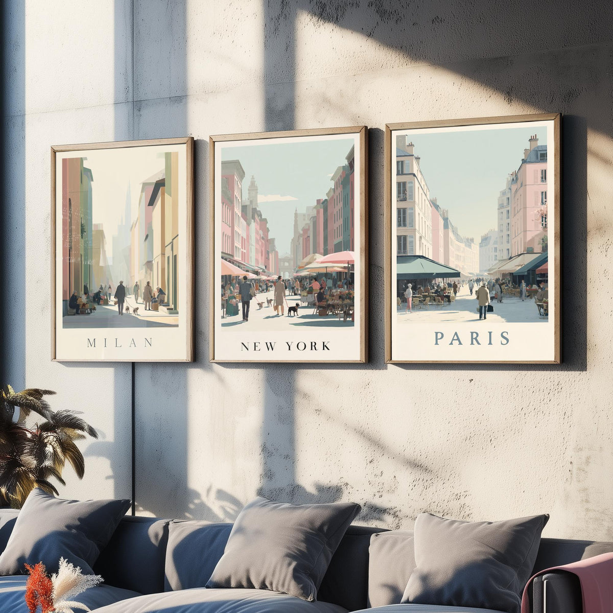 Milan New York Paris Set of Three Prints | Minimalist Market Street Scenes | Travel City Wall Art Print Poster Illustration