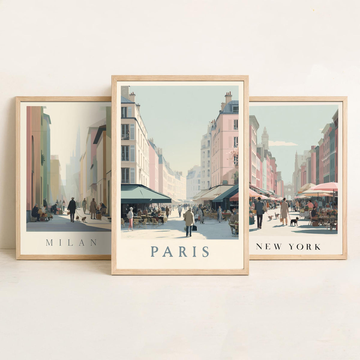 Milan New York Paris Set of Three Prints | Minimalist Market Street Scenes | Travel City Wall Art Print Poster Illustration