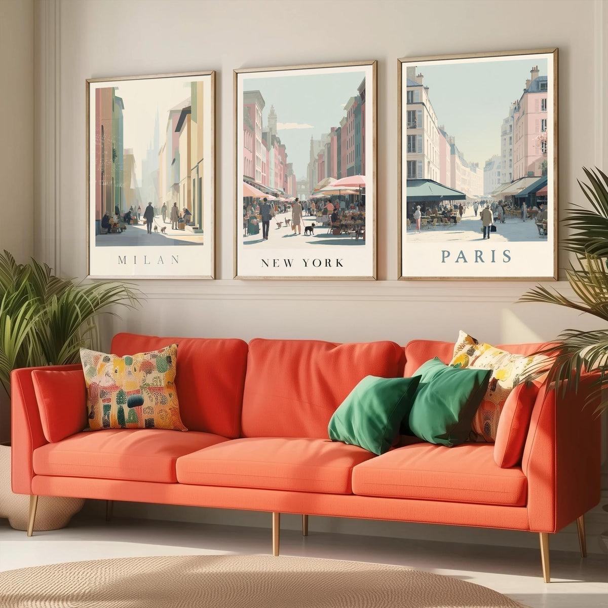 Milan New York Paris Set of Three Prints | Minimalist Market Street Scenes | Travel City Wall Art Print Poster Illustration