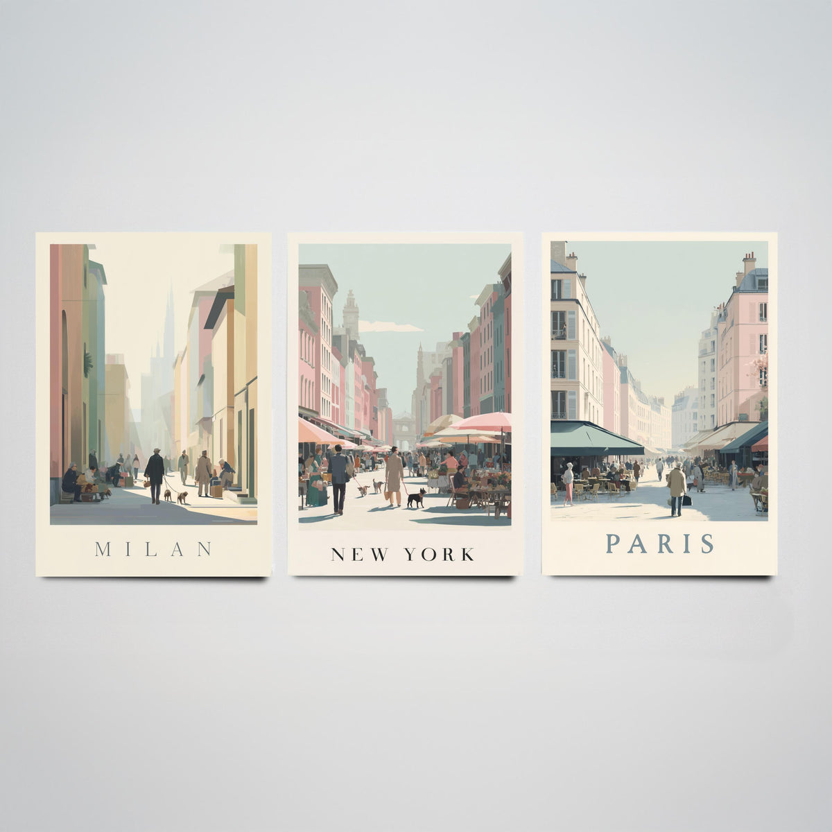 Milan New York Paris Set of Three Prints | Minimalist Market Street Scenes | Travel City Wall Art Print Poster Illustration