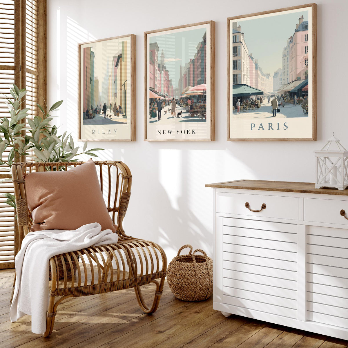 Milan New York Paris Set of Three Prints | Minimalist Market Street Scenes | Travel City Wall Art Print Poster Illustration