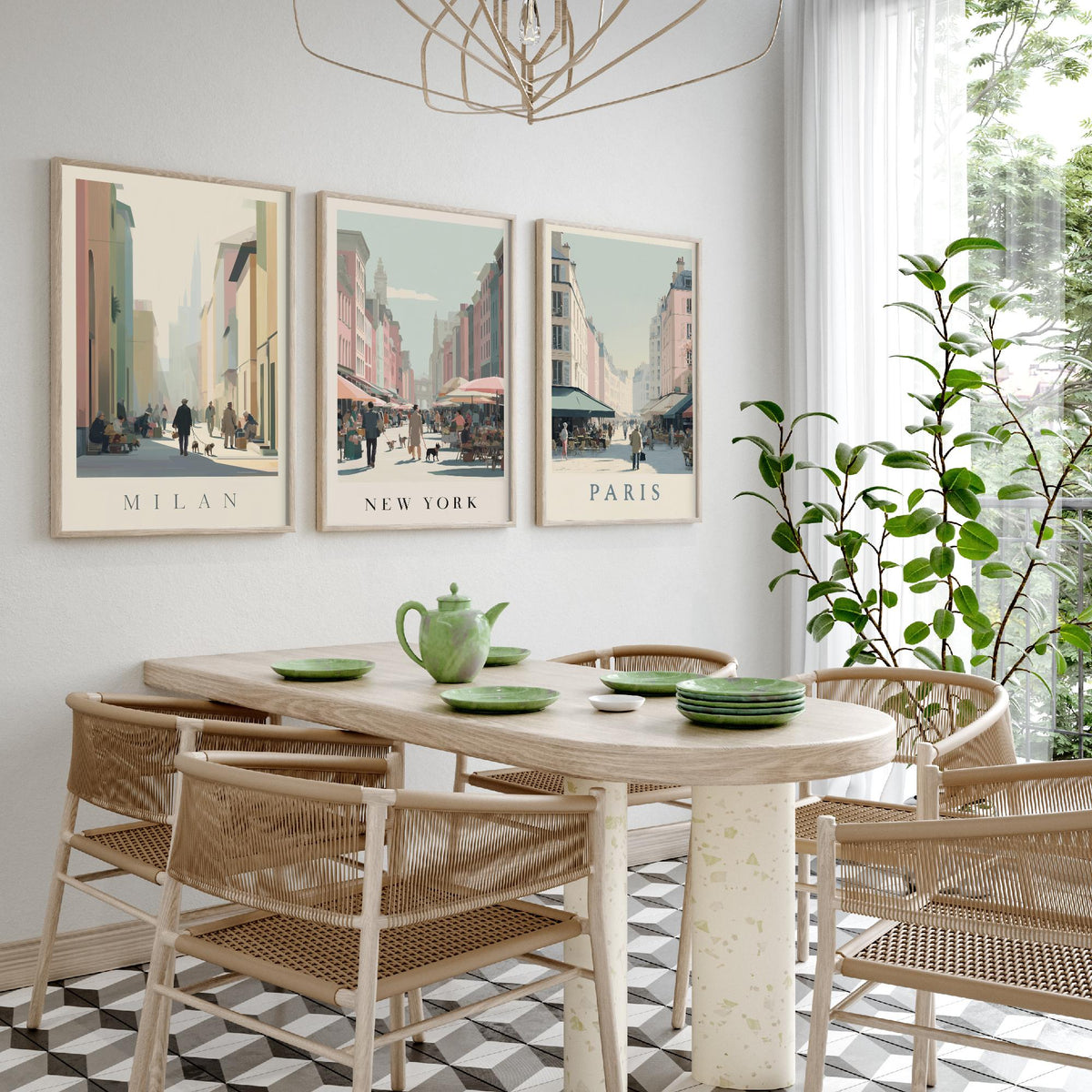 Milan New York Paris Set of Three Prints | Minimalist Market Street Scenes | Travel City Wall Art Print Poster Illustration