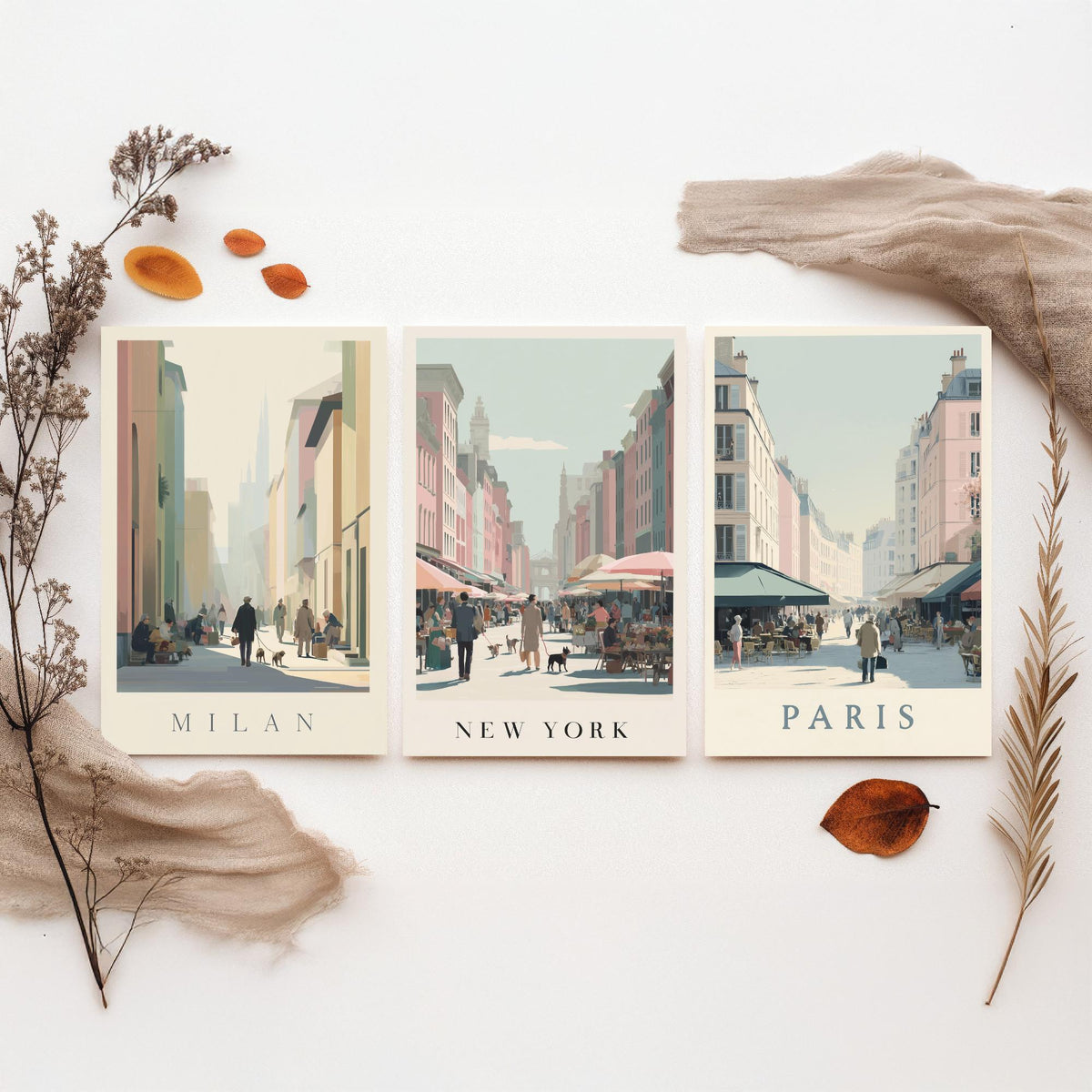 Milan New York Paris Set of Three Prints | Minimalist Market Street Scenes | Travel City Wall Art Print Poster Illustration