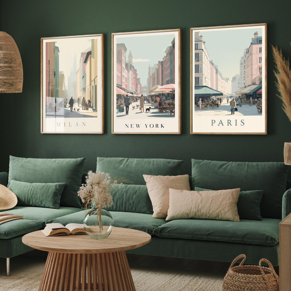 Milan New York Paris Set of Three Prints | Minimalist Market Street Scenes | Travel City Wall Art Print Poster Illustration