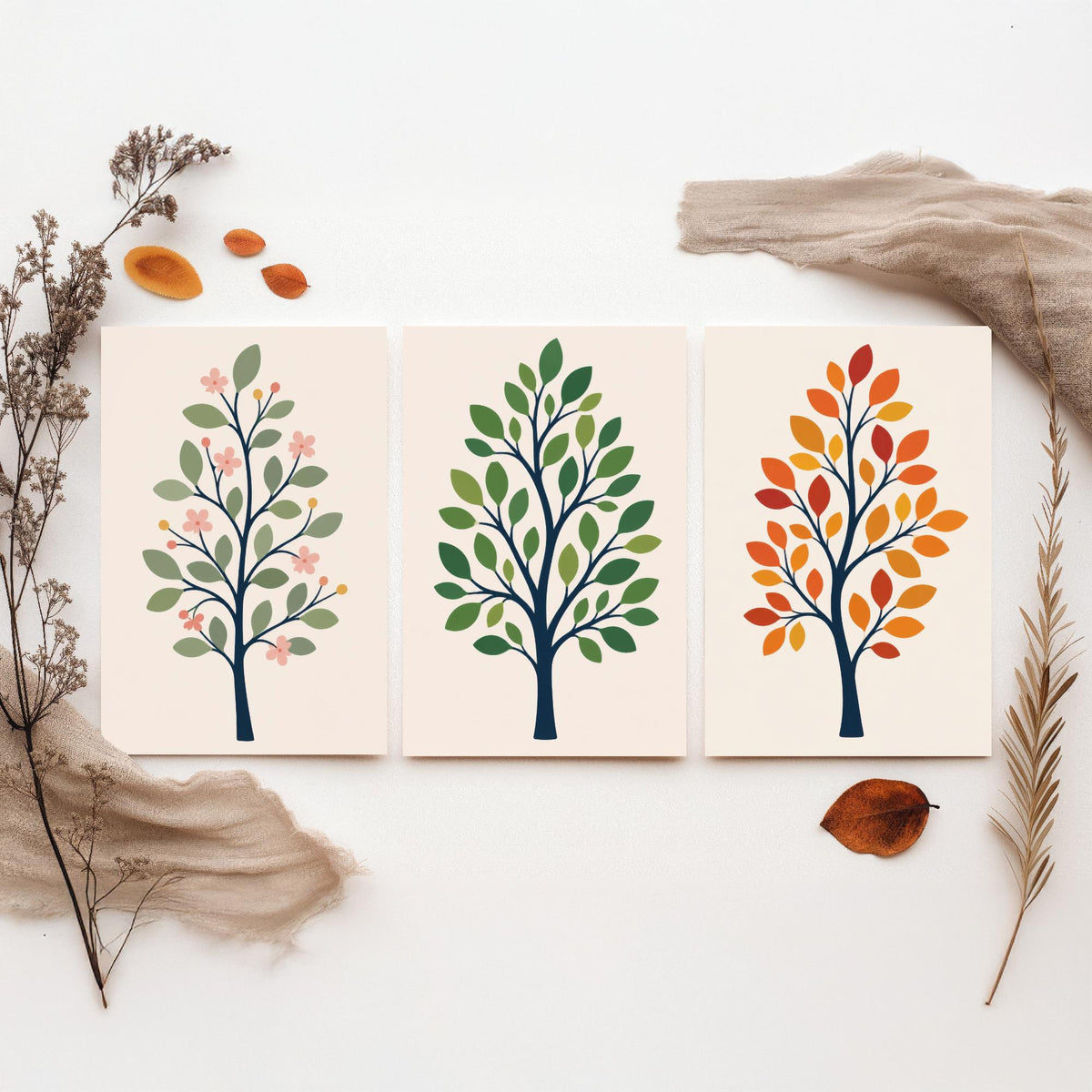 Minimalist Trees Set of Three Art Prints - 3 Spring Summer Autumn Season Posters - Botanical Wall Art Print Illustration Decor