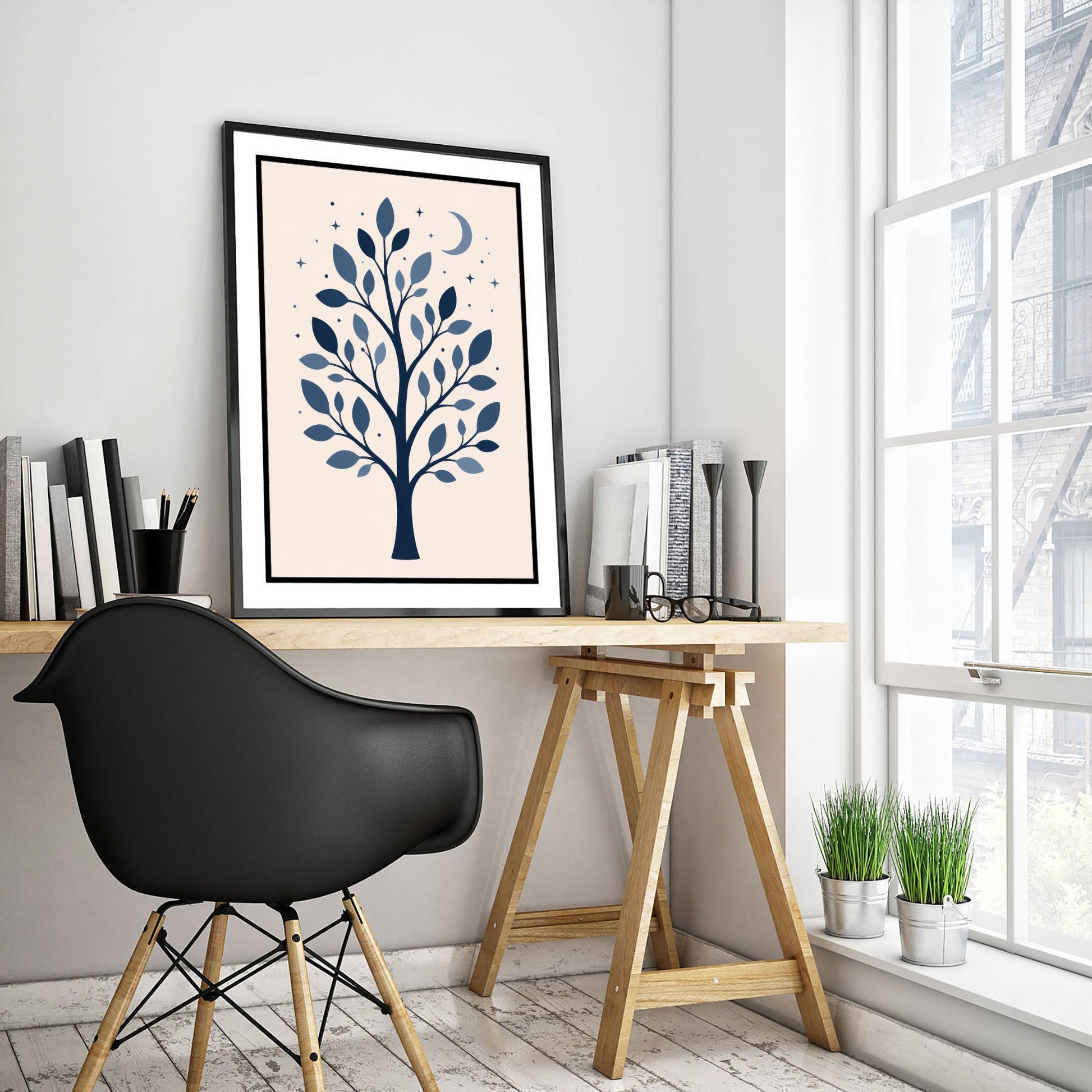 Moonlit Tree Art Print - Minimalist Scandi Poster - Celestial Night Illustration Wall Art 2/3