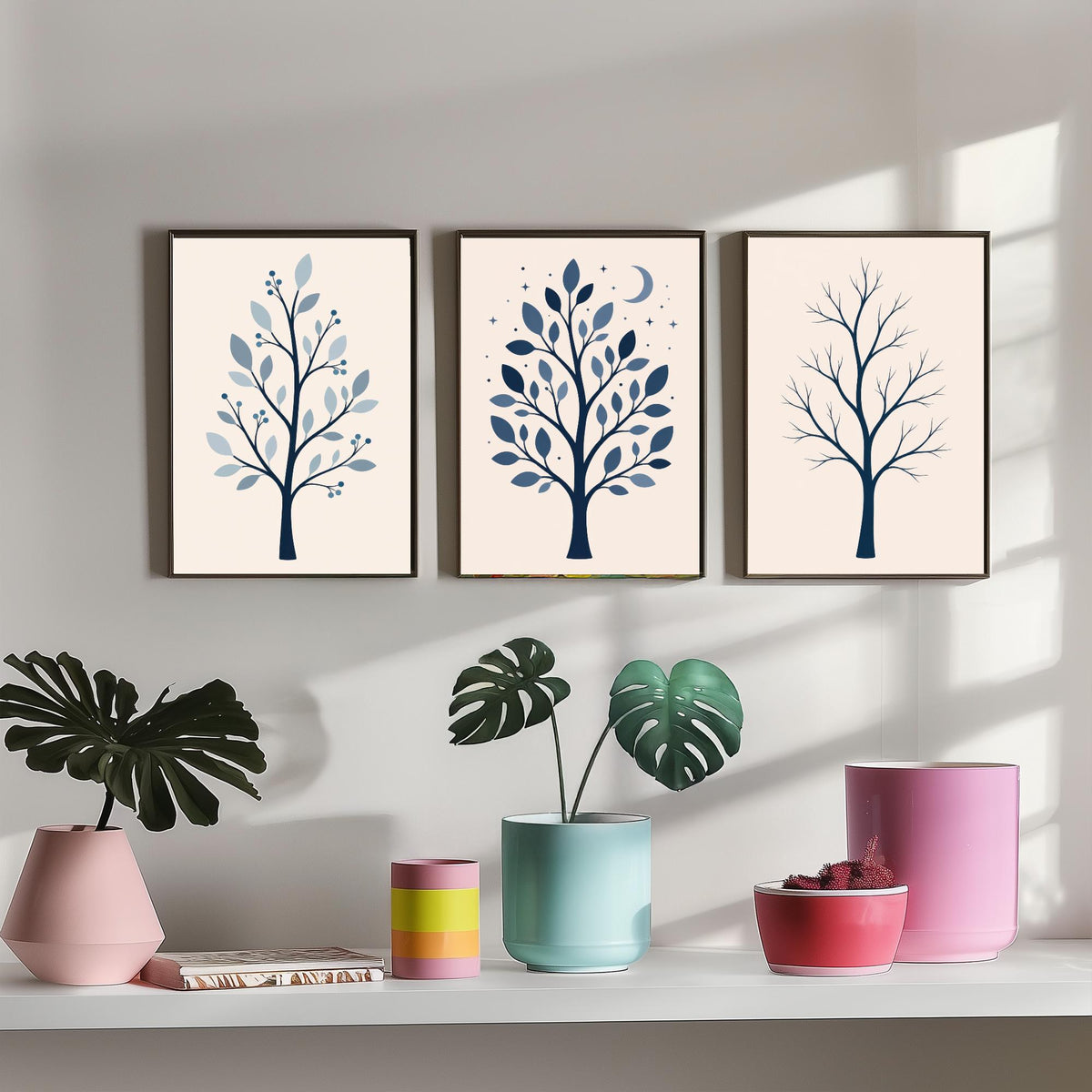 Minimalist Blue Tree Set of Three Art Prints - 3 Winter Moonlit Bare Trees Posters - Navy Scandi Botanical Wall Art Illustration