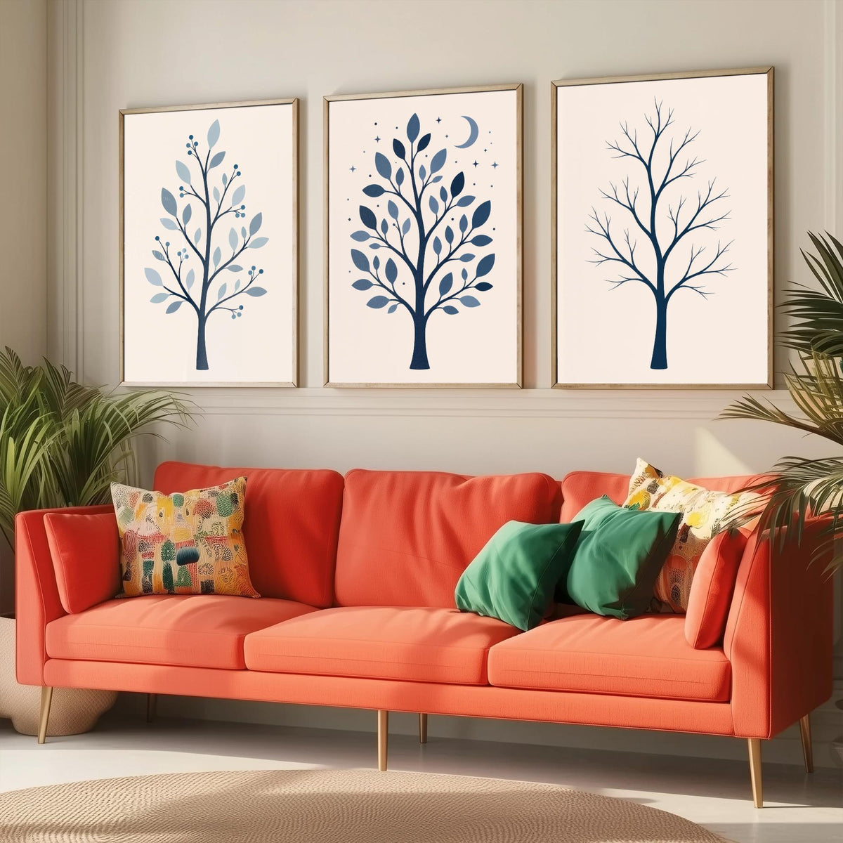 Minimalist Blue Tree Set of Three Art Prints - 3 Winter Moonlit Bare Trees Posters - Navy Scandi Botanical Wall Art Illustration