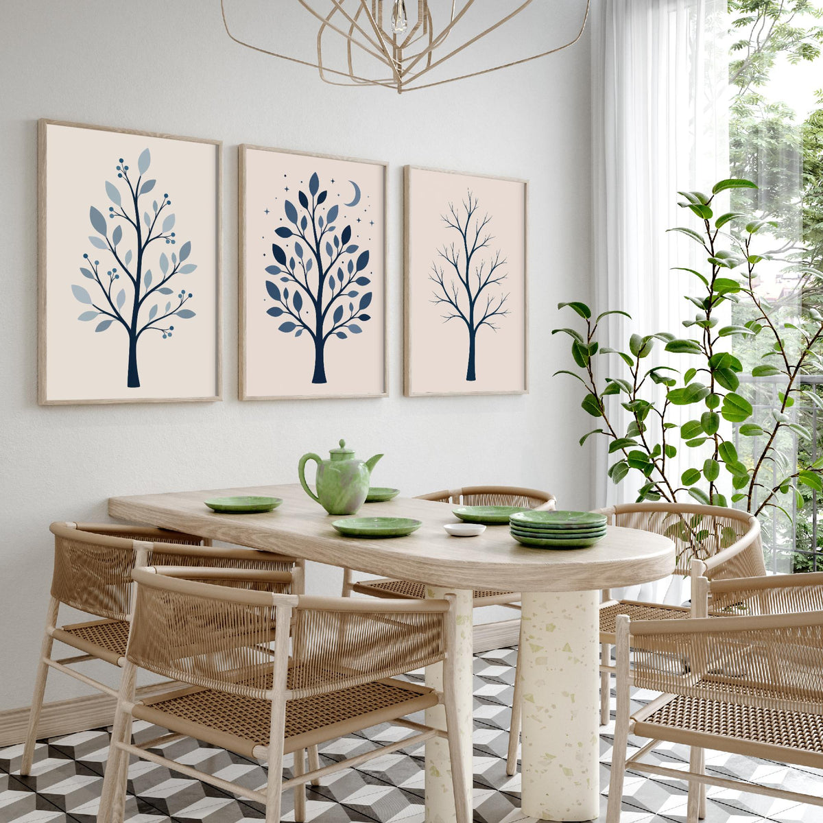 Minimalist Blue Tree Set of Three Art Prints - 3 Winter Moonlit Bare Trees Posters - Navy Scandi Botanical Wall Art Illustration