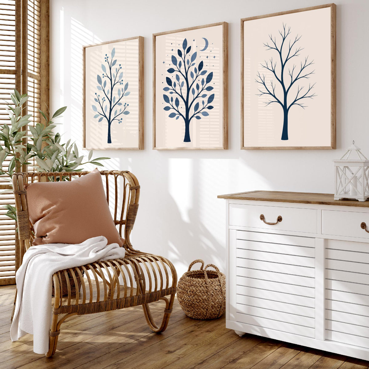 Minimalist Blue Tree Set of Three Art Prints - 3 Winter Moonlit Bare Trees Posters - Navy Scandi Botanical Wall Art Illustration