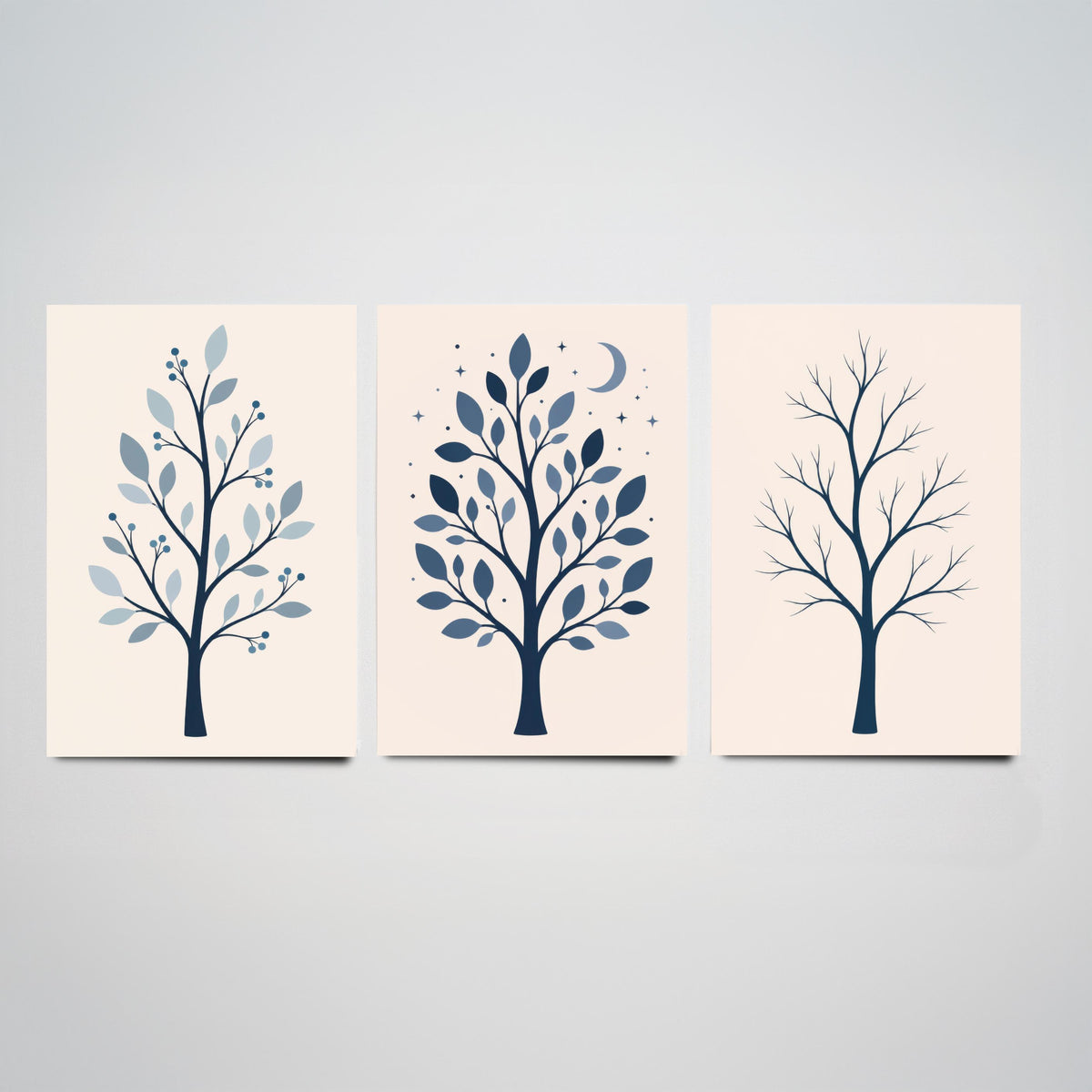 Minimalist Blue Tree Set of Three Art Prints - 3 Winter Moonlit Bare Trees Posters - Navy Scandi Botanical Wall Art Illustration