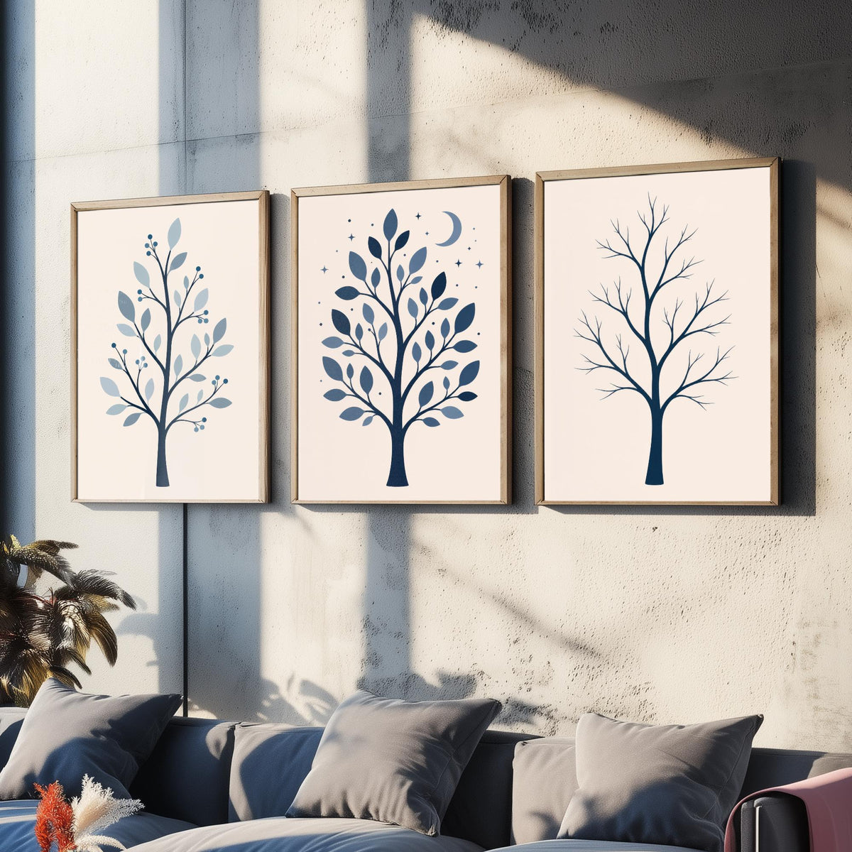 Minimalist Blue Tree Set of Three Art Prints - 3 Winter Moonlit Bare Trees Posters - Navy Scandi Botanical Wall Art Illustration