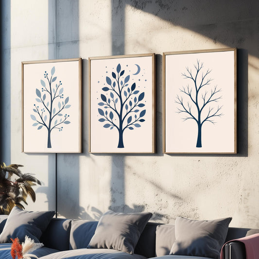 Minimalist Blue Tree Set of Three Art Prints - 3 Winter Moonlit Bare Trees Posters - Navy Scandi Botanical Wall Art Illustration