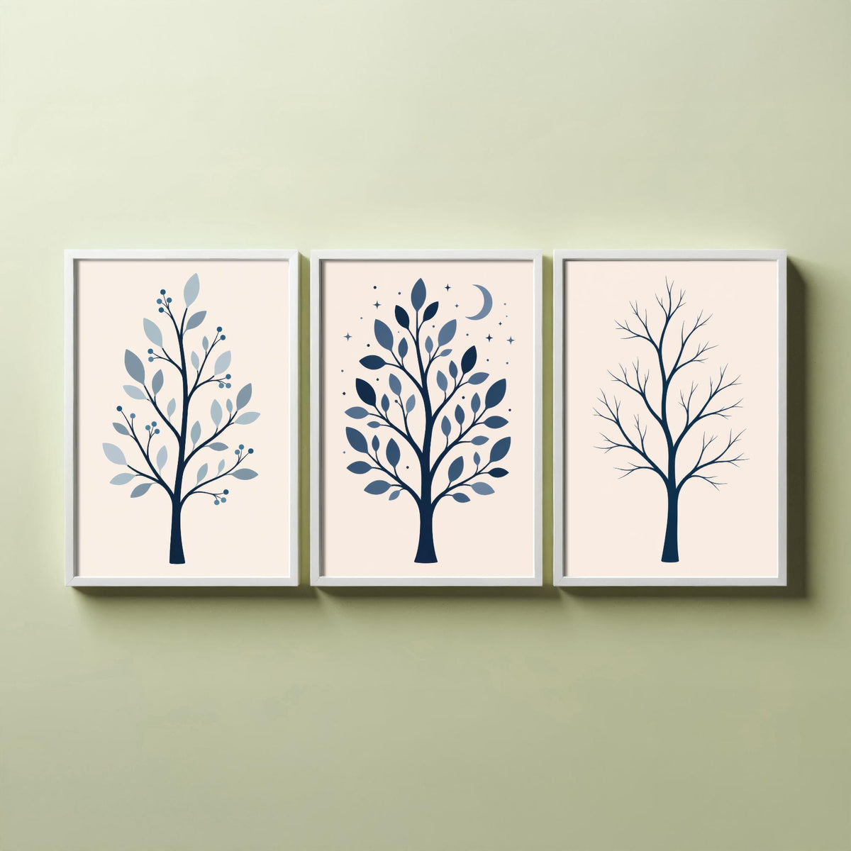 Minimalist Blue Tree Set of Three Art Prints - 3 Winter Moonlit Bare Trees Posters - Navy Scandi Botanical Wall Art Illustration