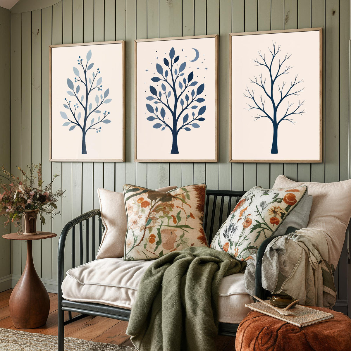 Minimalist Blue Tree Set of Three Art Prints - 3 Winter Moonlit Bare Trees Posters - Navy Scandi Botanical Wall Art Illustration