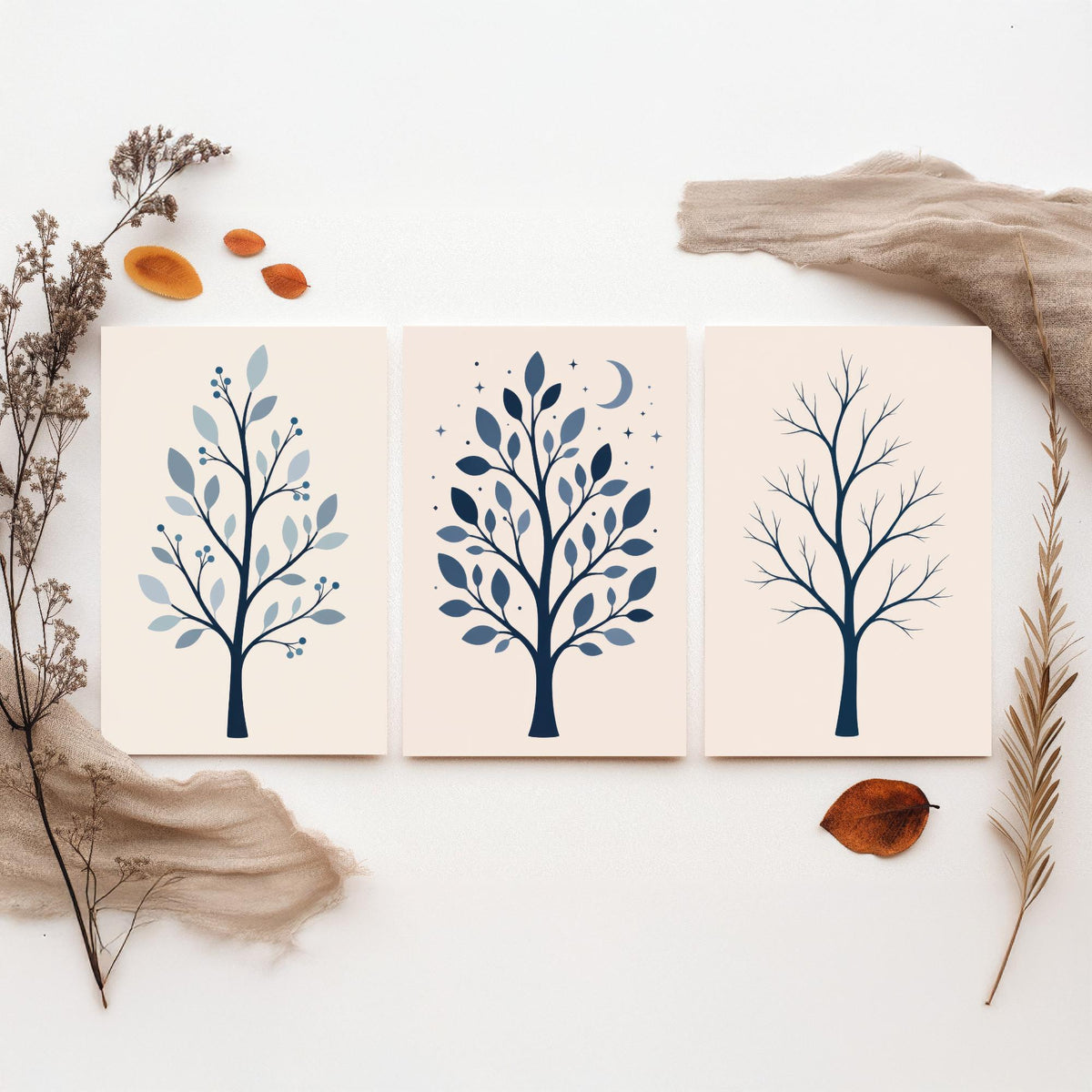 Minimalist Blue Tree Set of Three Art Prints - 3 Winter Moonlit Bare Trees Posters - Navy Scandi Botanical Wall Art Illustration