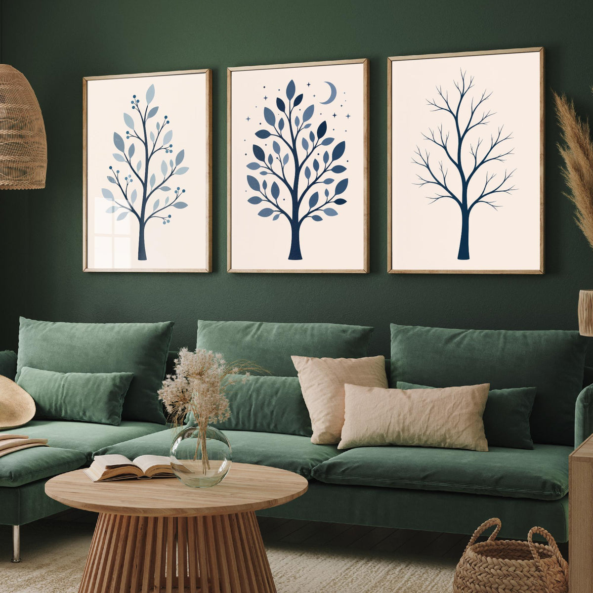 Minimalist Blue Tree Set of Three Art Prints - 3 Winter Moonlit Bare Trees Posters - Navy Scandi Botanical Wall Art Illustration