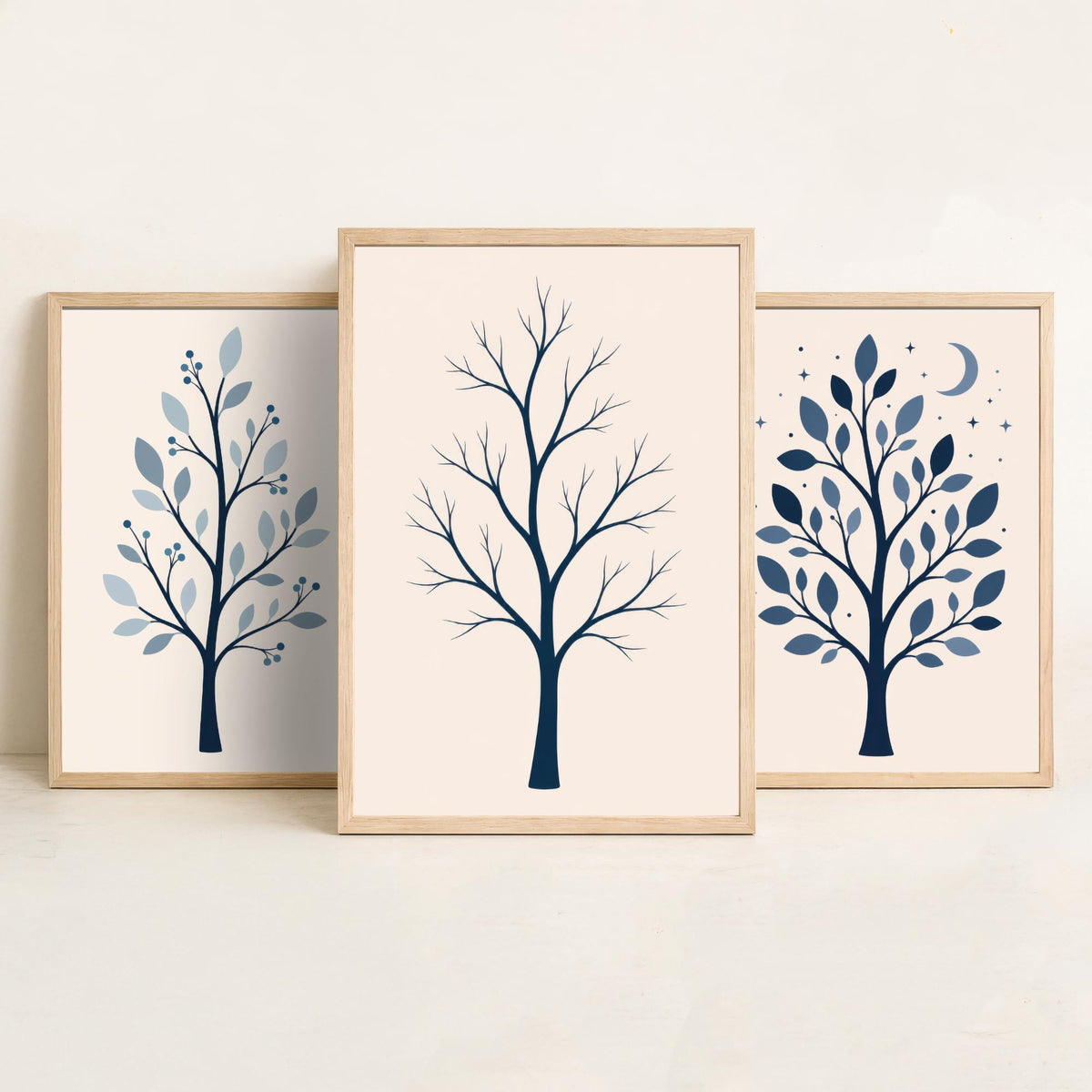 Minimalist Blue Tree Set of Three Art Prints - 3 Winter Moonlit Bare Trees Posters - Navy Scandi Botanical Wall Art Illustration