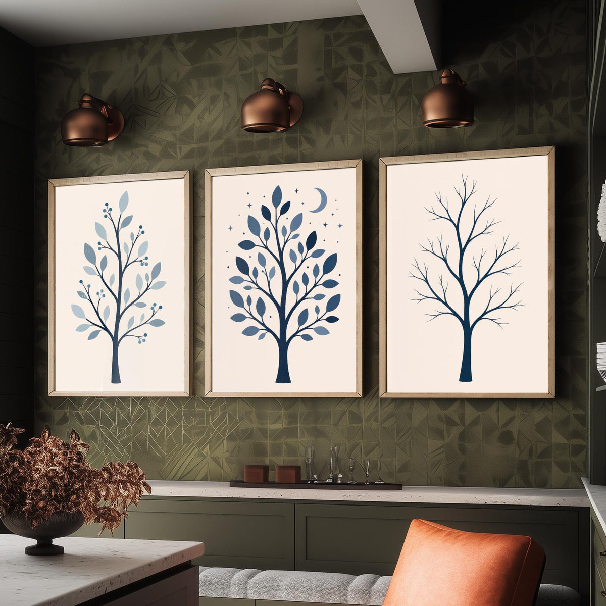 Minimalist Blue Tree Set of Three Art Prints - 3 Winter Moonlit Bare Trees Posters - Navy Scandi Botanical Wall Art Illustration
