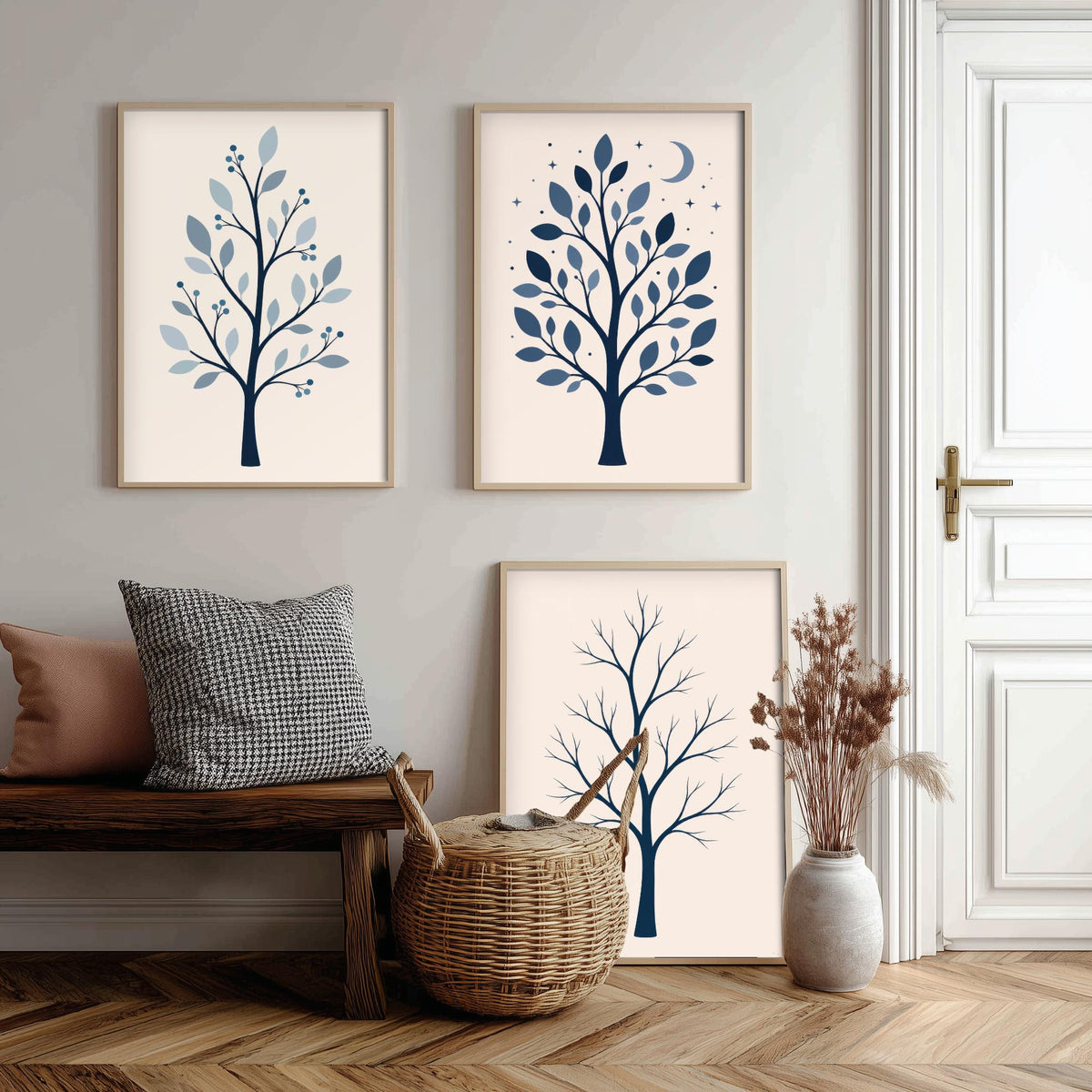 Minimalist Blue Tree Set of Three Art Prints - 3 Winter Moonlit Bare Trees Posters - Navy Scandi Botanical Wall Art Illustration