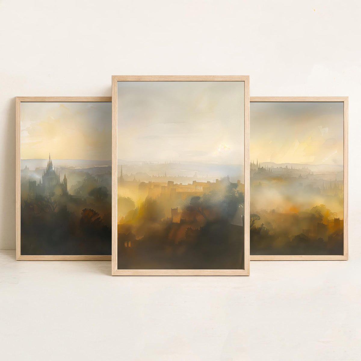 Misty City Skyline Set of Three Art Prints - 3 Golden Dawn Cityscape Posters - Atmospheric Spires Wall Art Watercolour Painting
