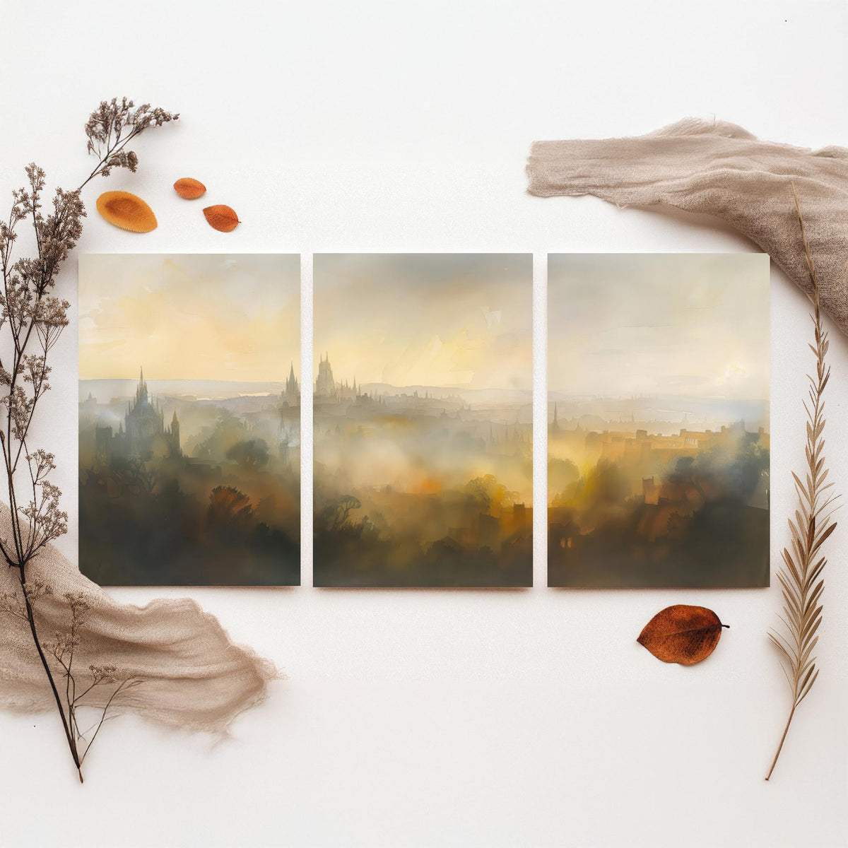 Misty City Skyline Set of Three Art Prints - 3 Golden Dawn Cityscape Posters - Atmospheric Spires Wall Art Watercolour Painting