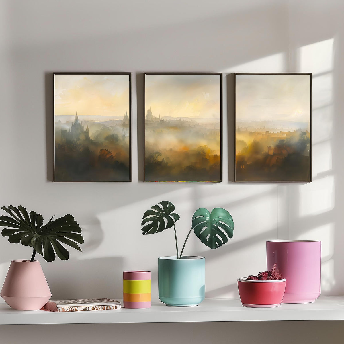 Misty City Skyline Set of Three Art Prints - 3 Golden Dawn Cityscape Posters - Atmospheric Spires Wall Art Watercolour Painting