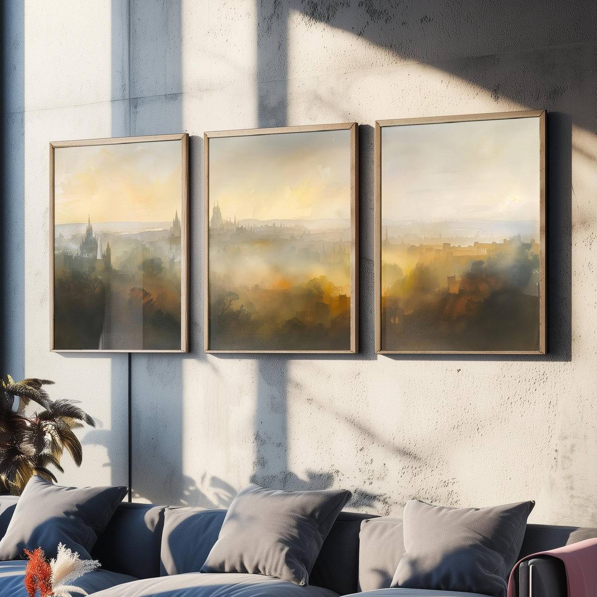 Misty City Skyline Set of Three Art Prints - 3 Golden Dawn Cityscape Posters - Atmospheric Spires Wall Art Watercolour Painting