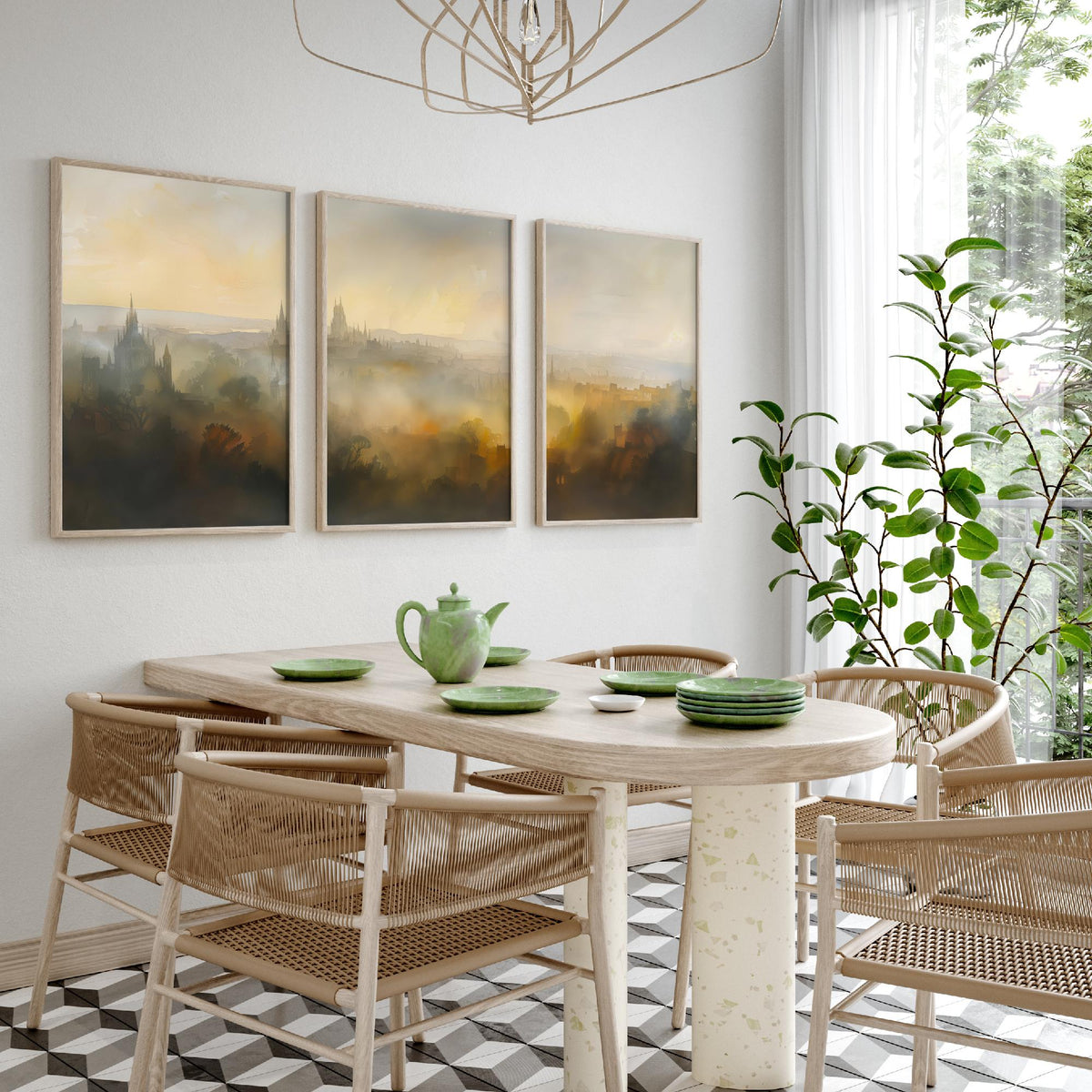 Misty City Skyline Set of Three Art Prints - 3 Golden Dawn Cityscape Posters - Atmospheric Spires Wall Art Watercolour Painting