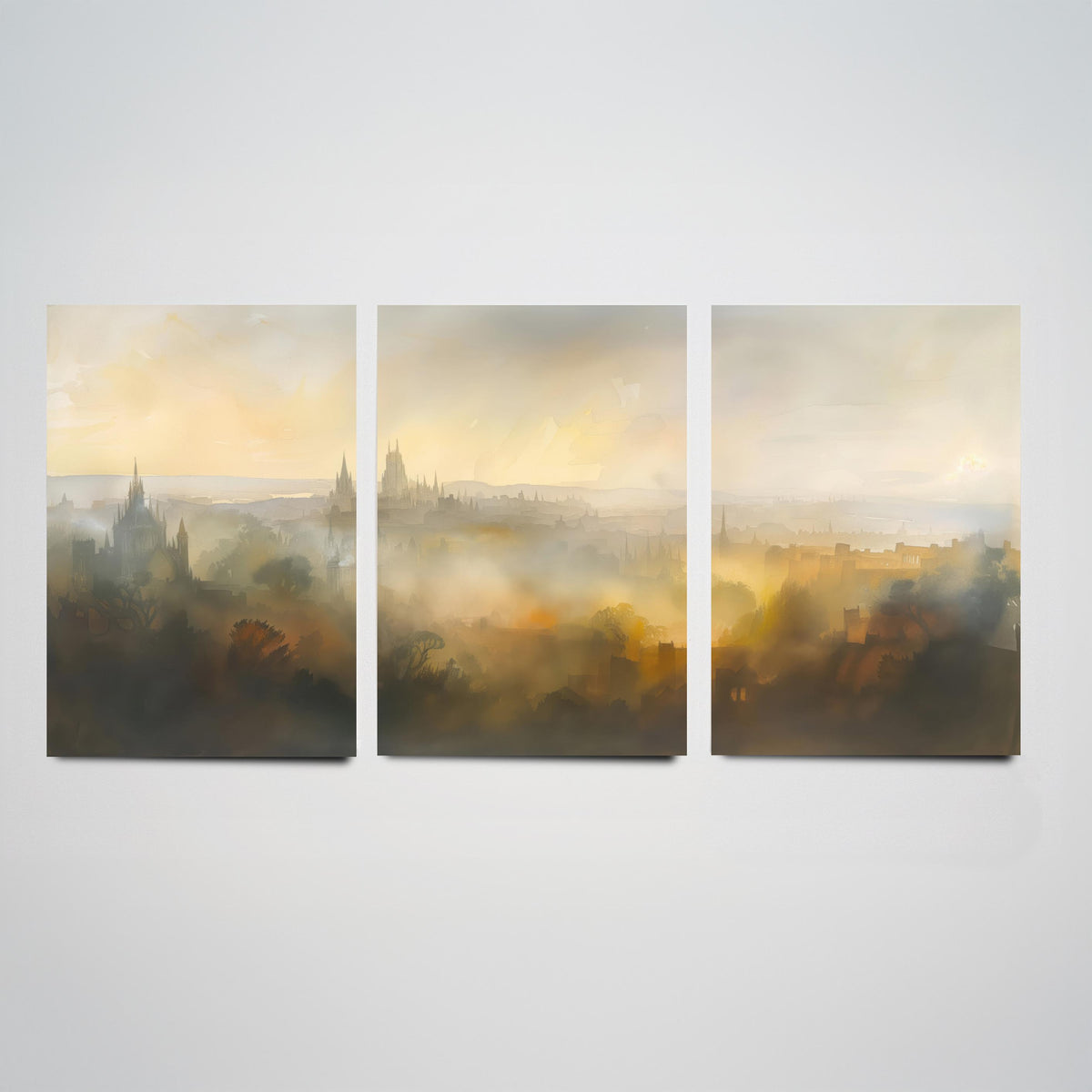 Misty City Skyline Set of Three Art Prints - 3 Golden Dawn Cityscape Posters - Atmospheric Spires Wall Art Watercolour Painting