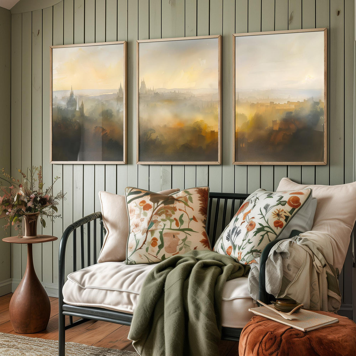 Misty City Skyline Set of Three Art Prints - 3 Golden Dawn Cityscape Posters - Atmospheric Spires Wall Art Watercolour Painting