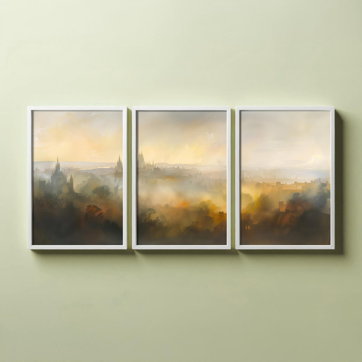 Misty City Skyline Set of Three Art Prints - 3 Golden Dawn Cityscape Posters - Atmospheric Spires Wall Art Watercolour Painting